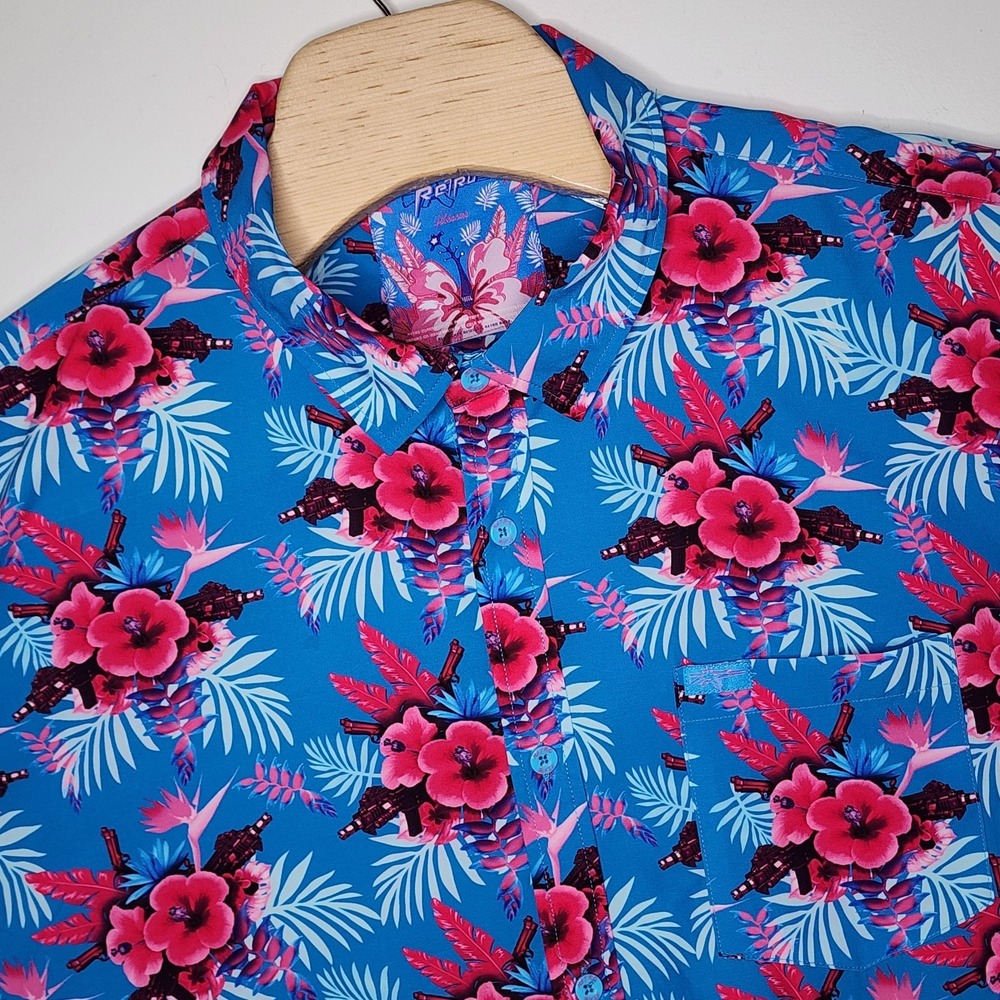 Retro Rifle Hawaiian Polo Shirt Men's 4XL Floral Hybiscus All Over Stretch